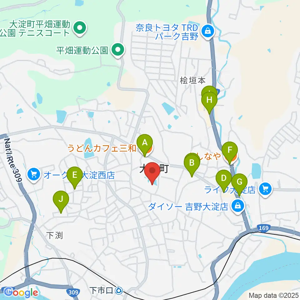 大淀町文化会館周辺のファミレス・ファーストフード一覧地図
