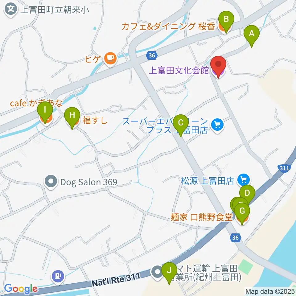 上富田文化会館周辺のファミレス・ファーストフード一覧地図