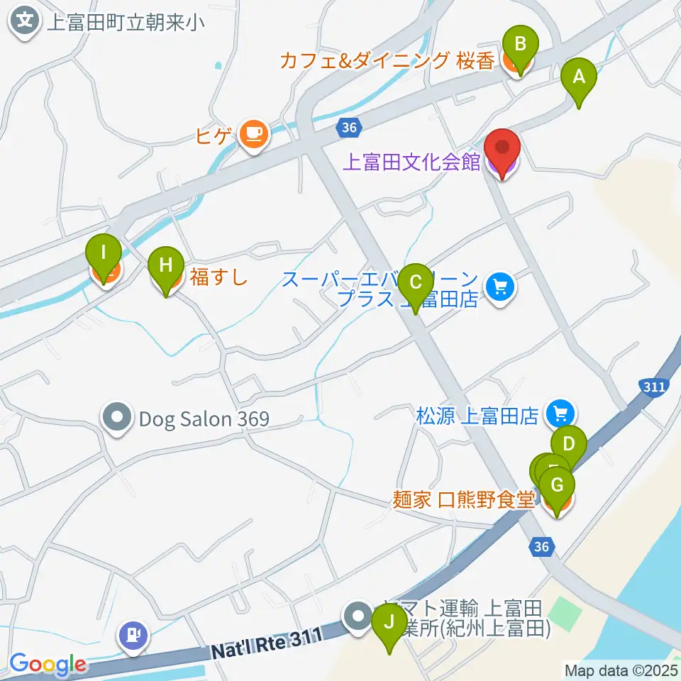 上富田文化会館周辺のファミレス・ファーストフード一覧地図