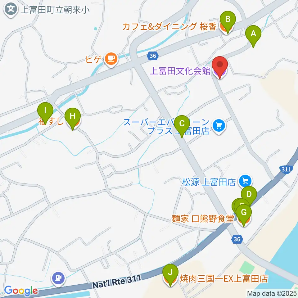 上富田文化会館周辺のファミレス・ファーストフード一覧地図