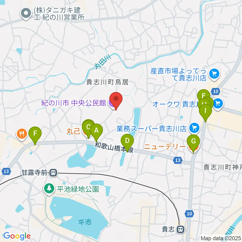 貴志川生涯学習センター周辺のファミレス・ファーストフード一覧地図