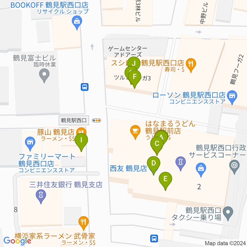 横浜市鶴見公会堂周辺のファミレス・ファーストフード一覧地図