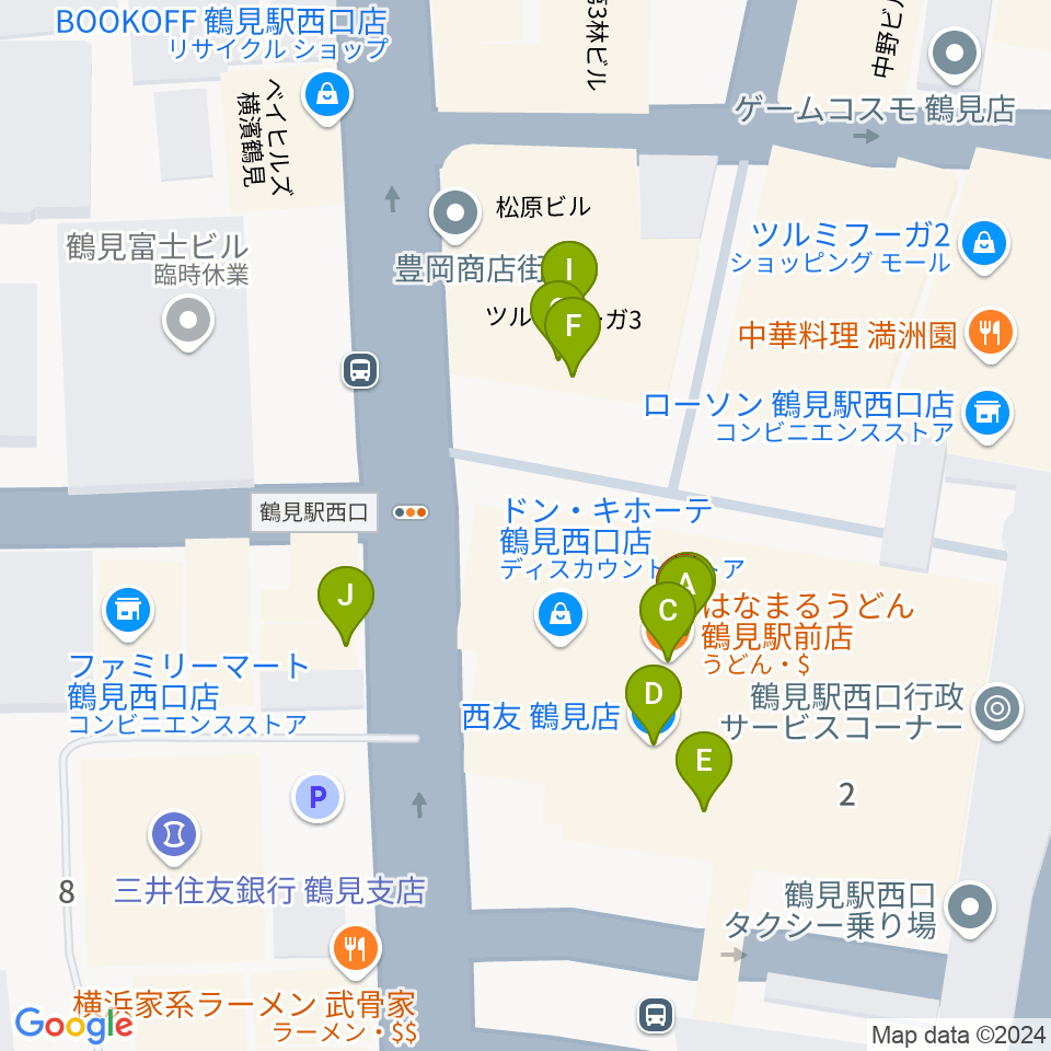 横浜市鶴見公会堂周辺のファミレス・ファーストフード一覧地図