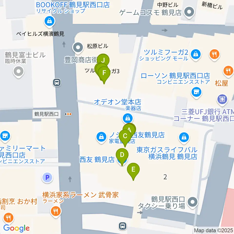 横浜市鶴見公会堂周辺のファミレス・ファーストフード一覧地図