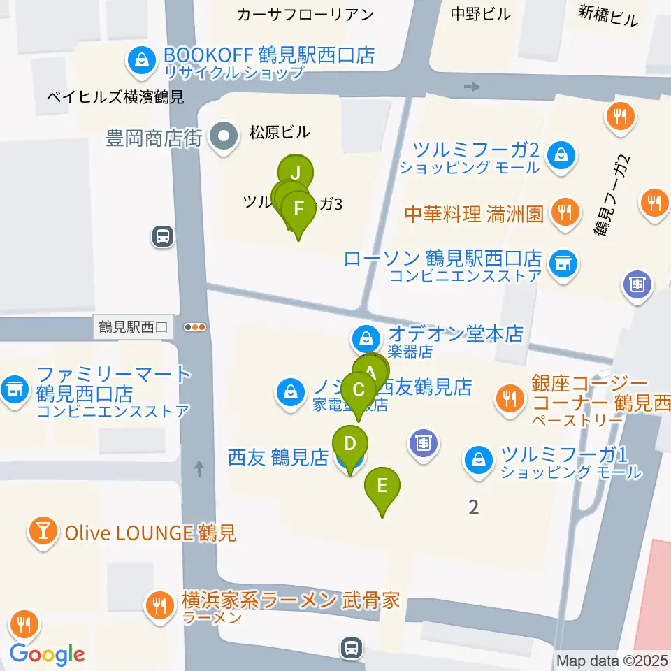横浜市鶴見公会堂周辺のファミレス・ファーストフード一覧地図
