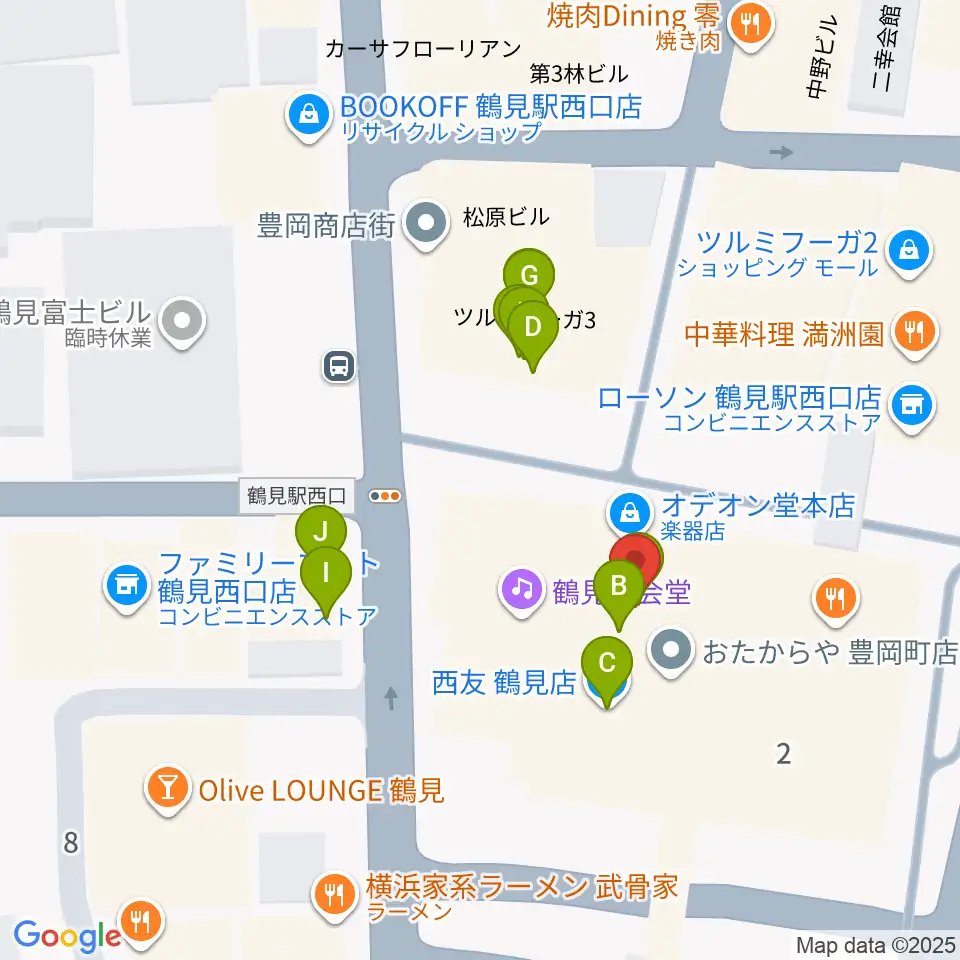 横浜市鶴見公会堂周辺のファミレス・ファーストフード一覧地図