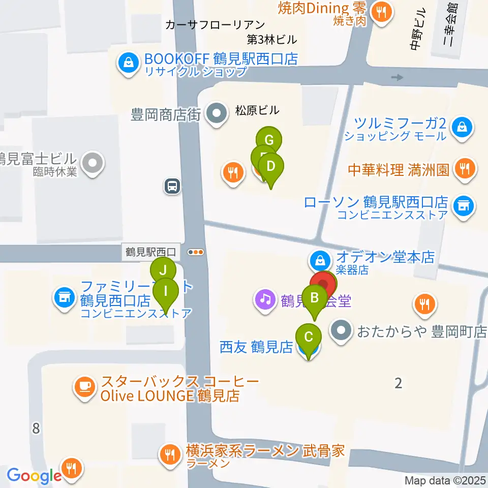 横浜市鶴見公会堂周辺のファミレス・ファーストフード一覧地図
