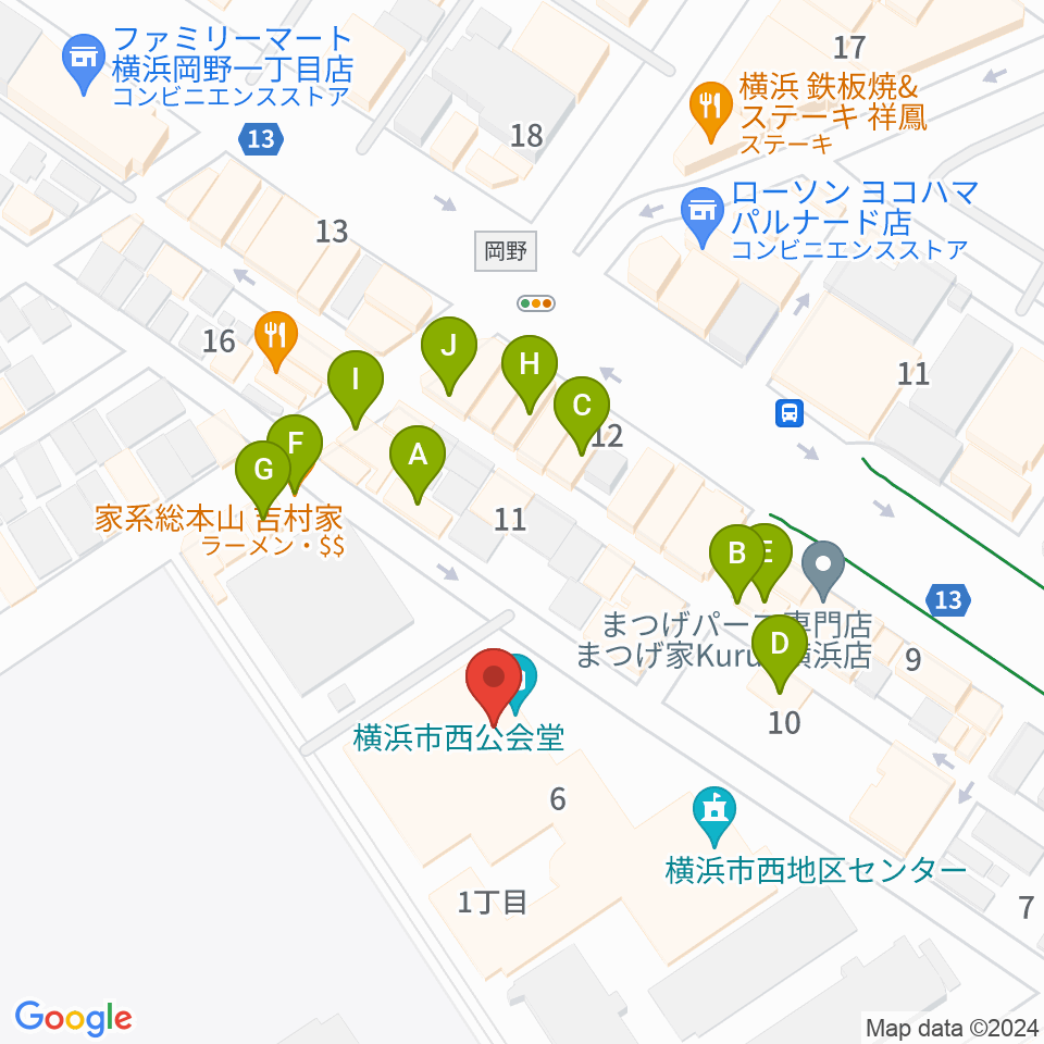 横浜市西公会堂周辺のファミレス・ファーストフード一覧地図