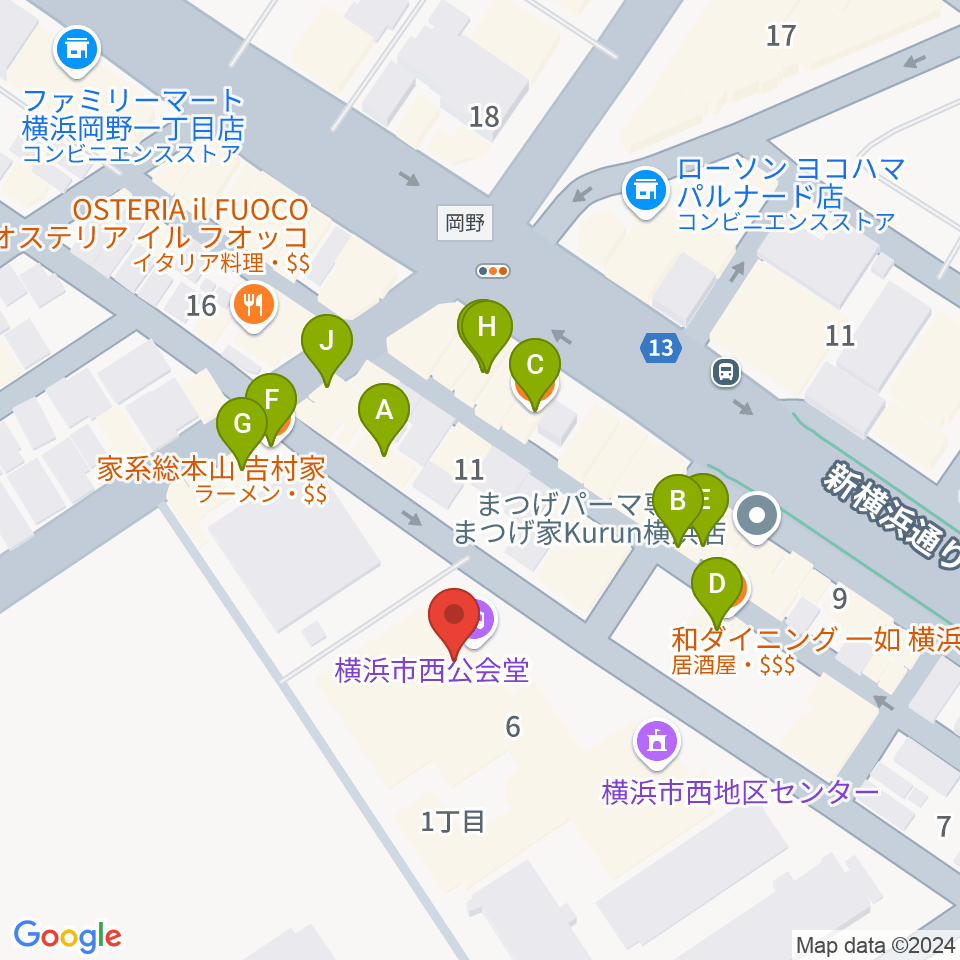 横浜市西公会堂周辺のファミレス・ファーストフード一覧地図