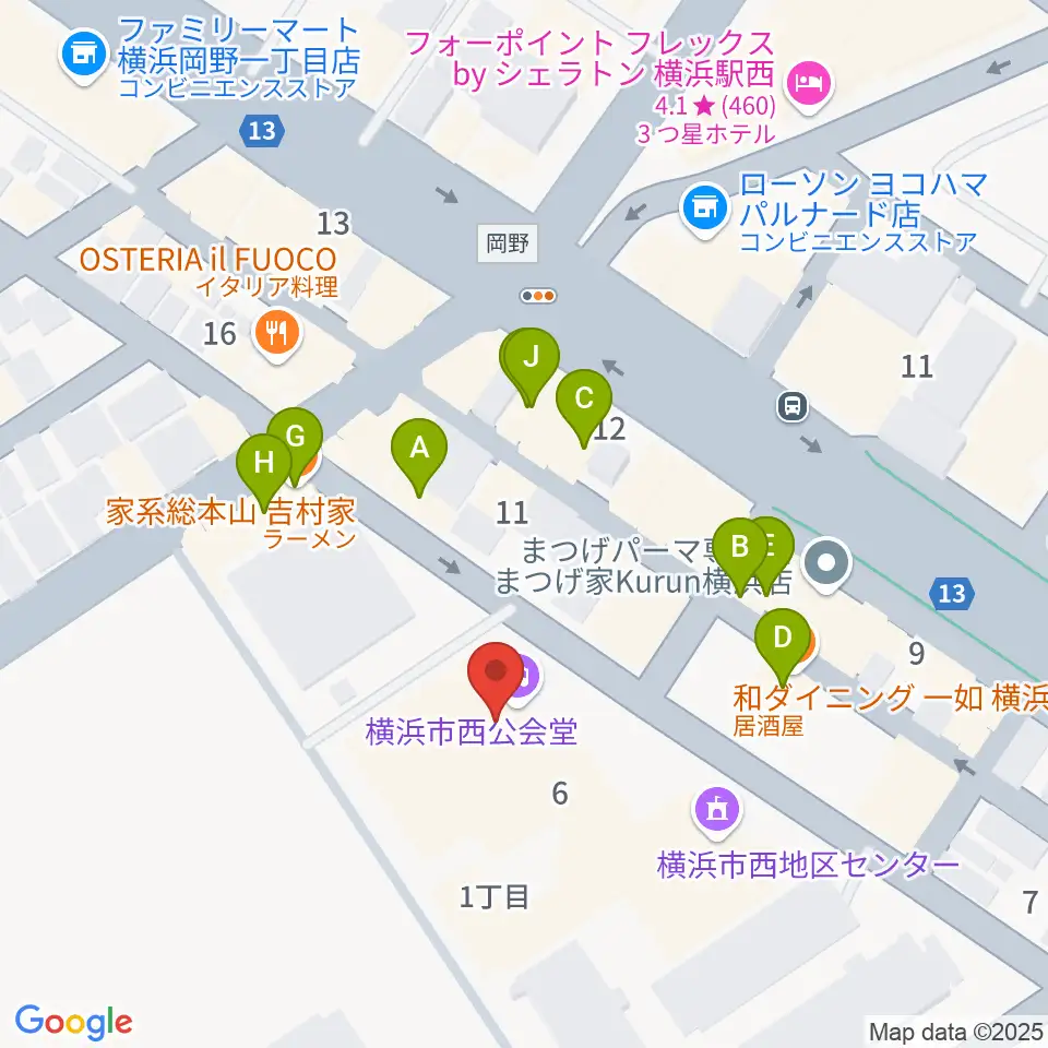 横浜市西公会堂周辺のファミレス・ファーストフード一覧地図