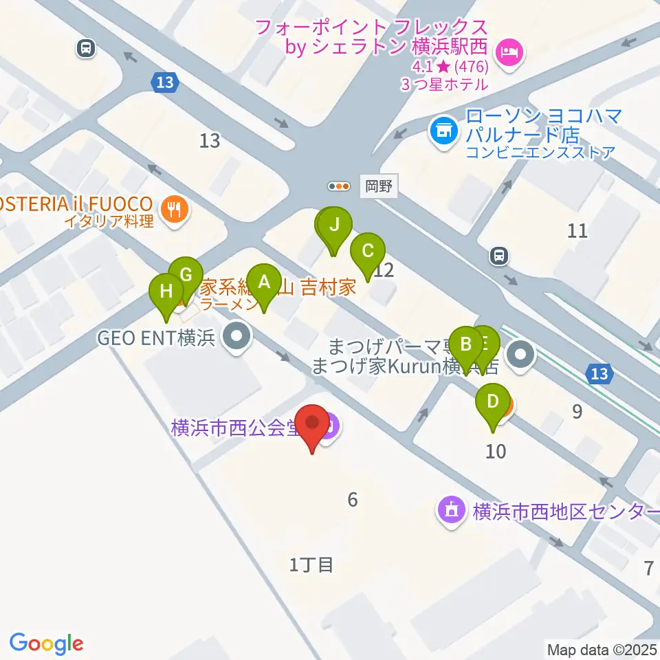 横浜市西公会堂周辺のファミレス・ファーストフード一覧地図