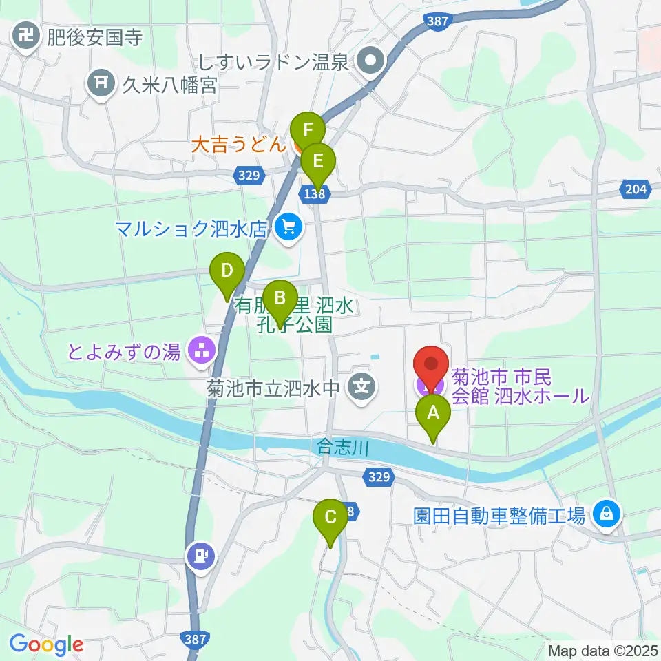 菊池市泗水ホール周辺のファミレス・ファーストフード一覧地図