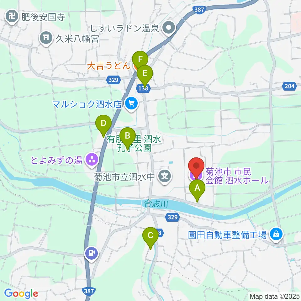 菊池市泗水ホール周辺のファミレス・ファーストフード一覧地図