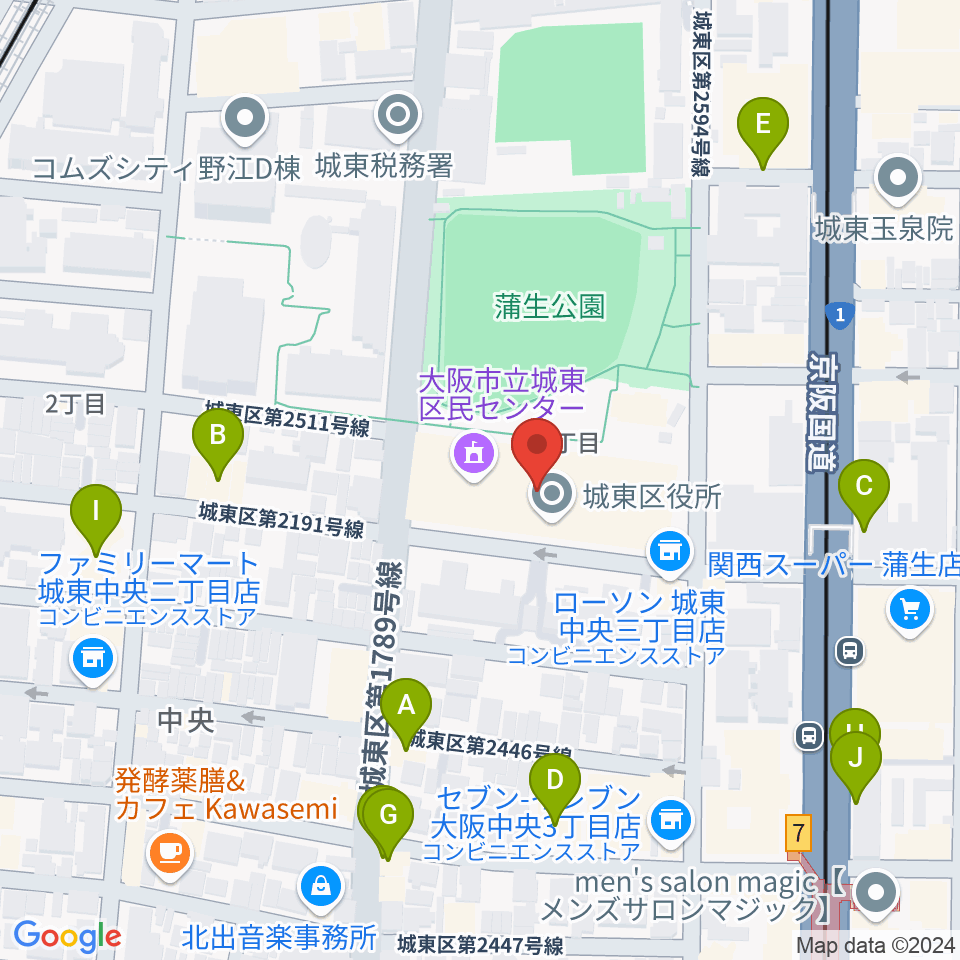 大阪市立城東区民センター周辺のファミレス・ファーストフード一覧地図