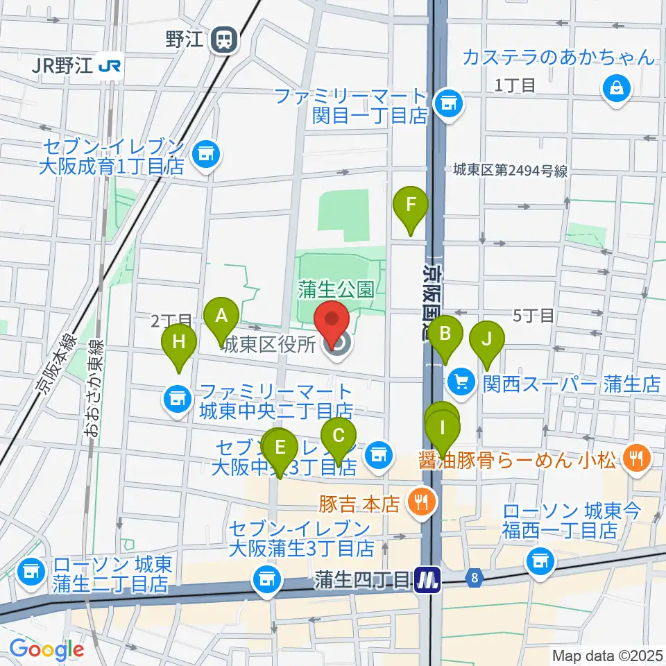 大阪市立城東区民センター周辺のファミレス・ファーストフード一覧地図
