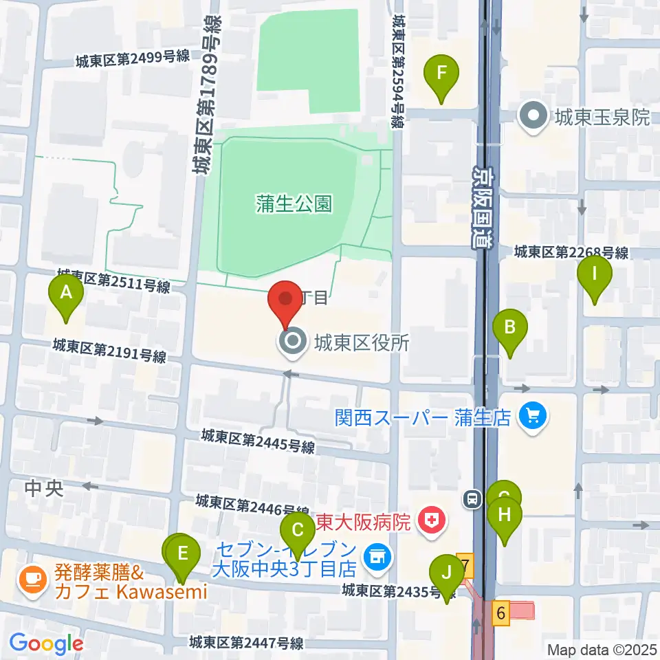 大阪市立城東区民センター周辺のファミレス・ファーストフード一覧地図