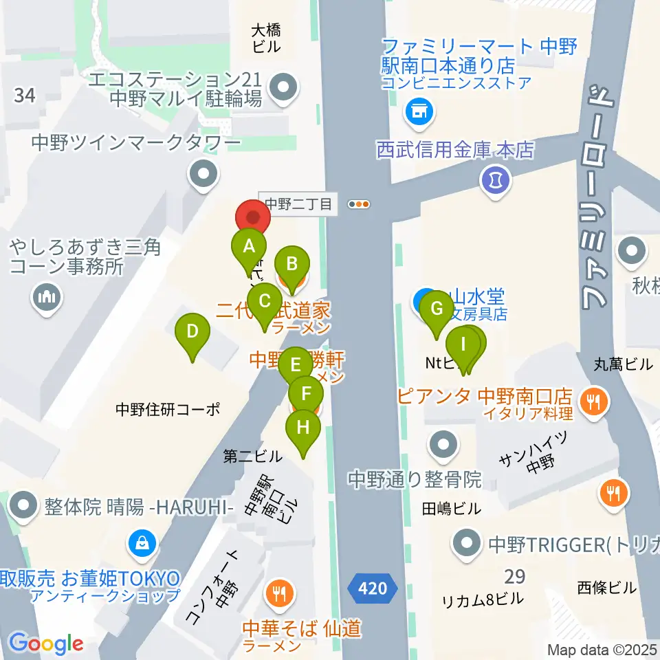 ミュージックセンター中野周辺のファミレス・ファーストフード一覧地図