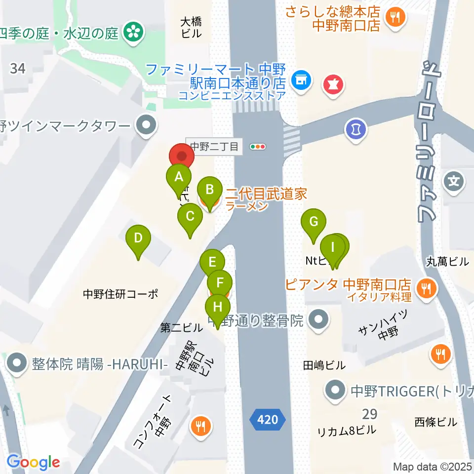 ミュージックセンター中野周辺のファミレス・ファーストフード一覧地図