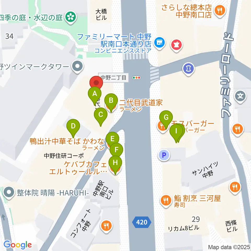 ミュージックセンター中野周辺のファミレス・ファーストフード一覧地図