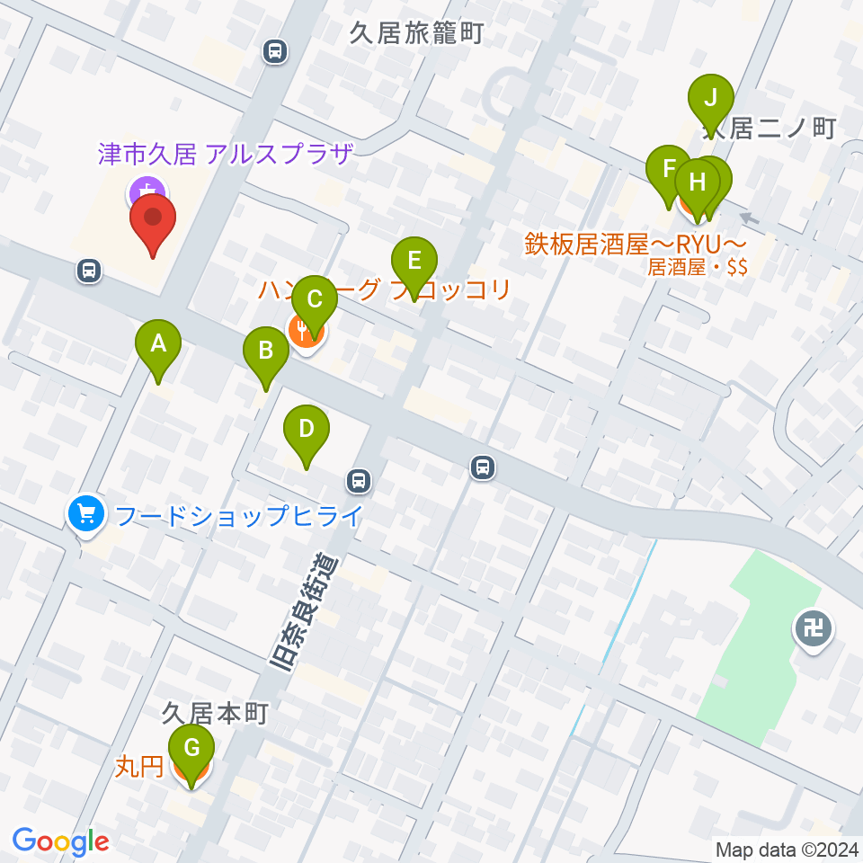 津市久居アルスプラザ周辺のファミレス・ファーストフード一覧地図