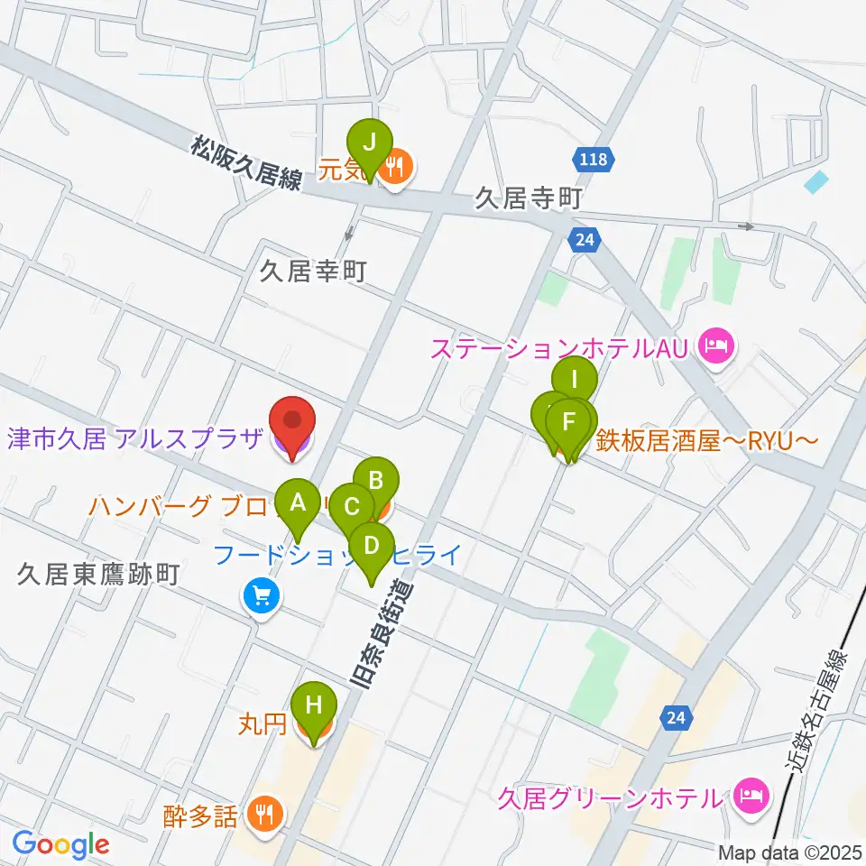 津市久居アルスプラザ周辺のファミレス・ファーストフード一覧地図