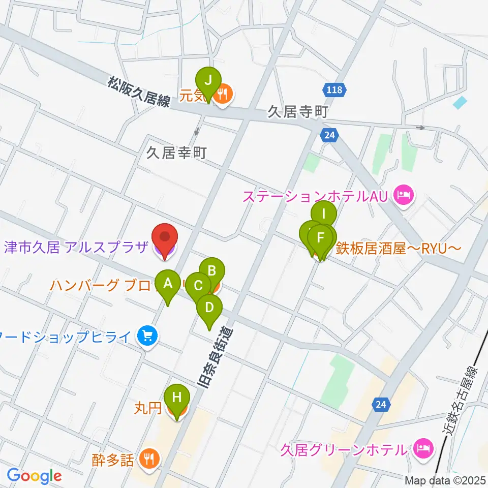 津市久居アルスプラザ周辺のファミレス・ファーストフード一覧地図