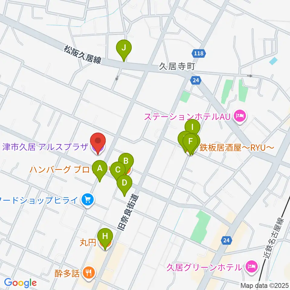 津市久居アルスプラザ周辺のファミレス・ファーストフード一覧地図