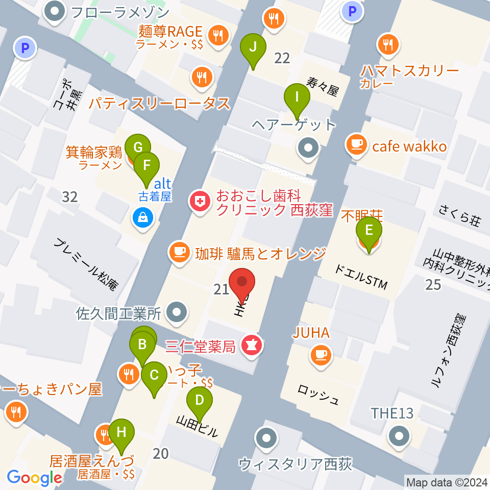 ビッグメイドミュージック周辺のファミレス・ファーストフード一覧地図