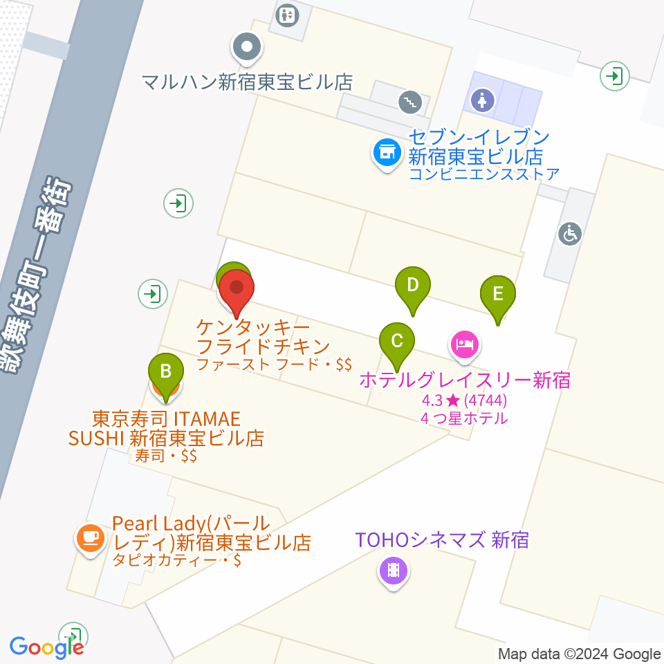 TOHOシネマズ新宿周辺のファミレス・ファーストフード一覧地図