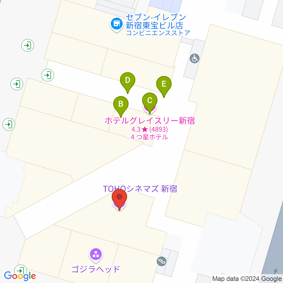 TOHOシネマズ新宿周辺のファミレス・ファーストフード一覧地図