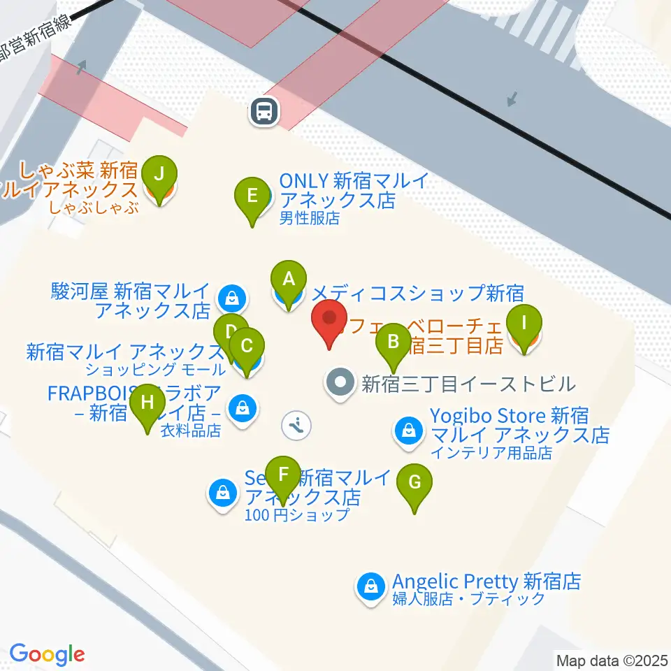新宿バルト9周辺のファミレス・ファーストフード一覧地図