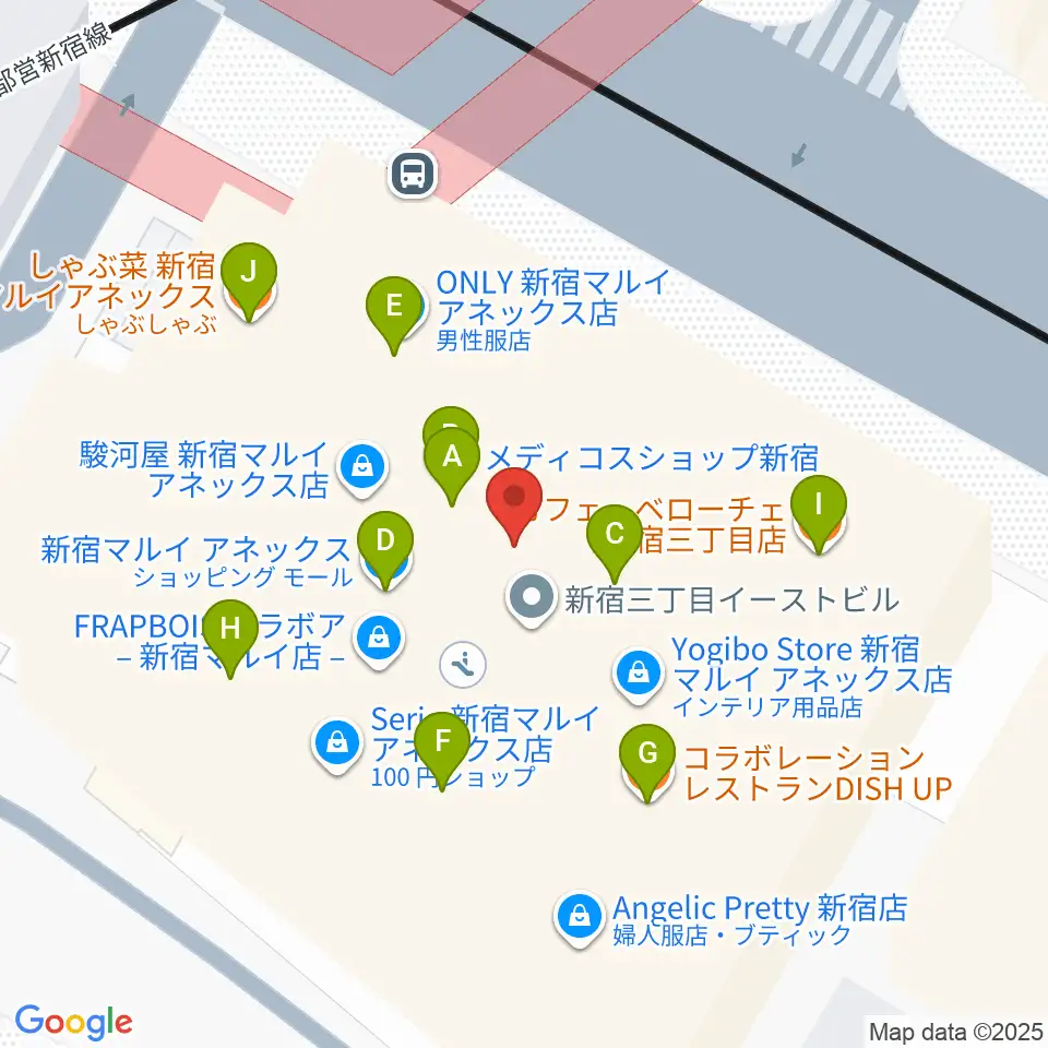 新宿バルト9周辺のファミレス・ファーストフード一覧地図