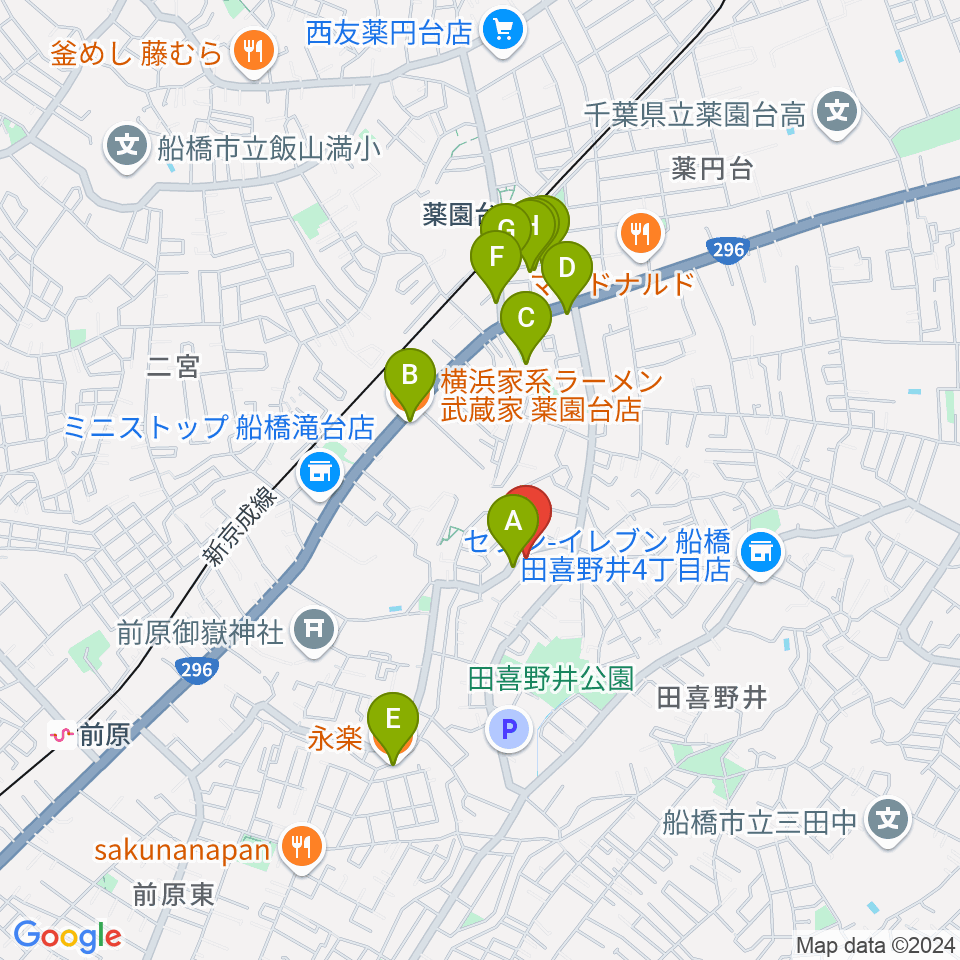 船橋スタジオネスト周辺のファミレス・ファーストフード一覧地図