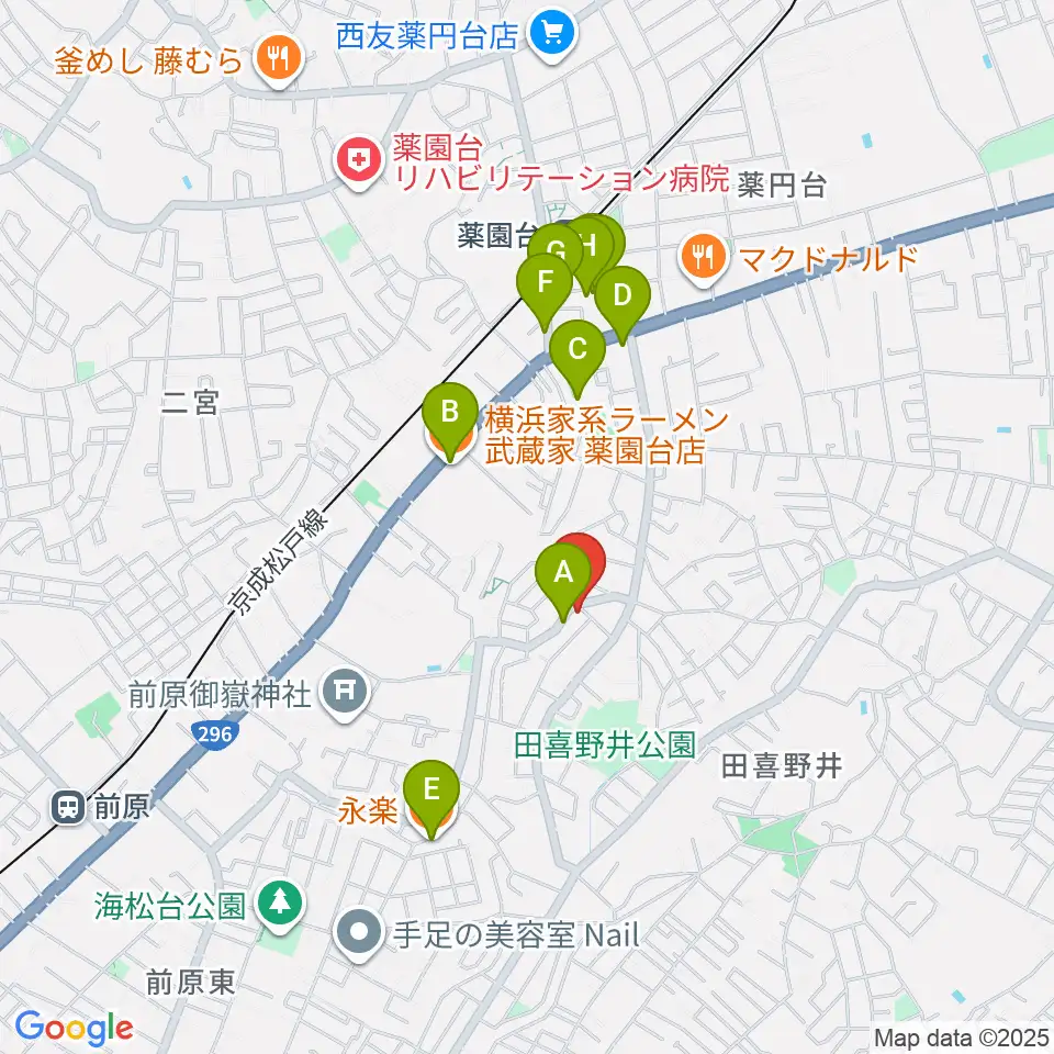 船橋スタジオネスト周辺のファミレス・ファーストフード一覧地図