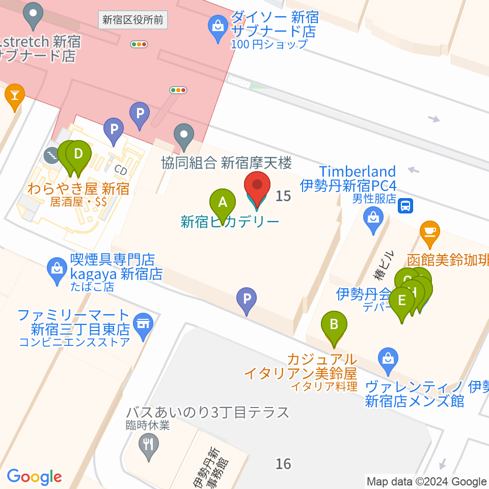 新宿ピカデリー周辺のファミレス・ファーストフード一覧地図