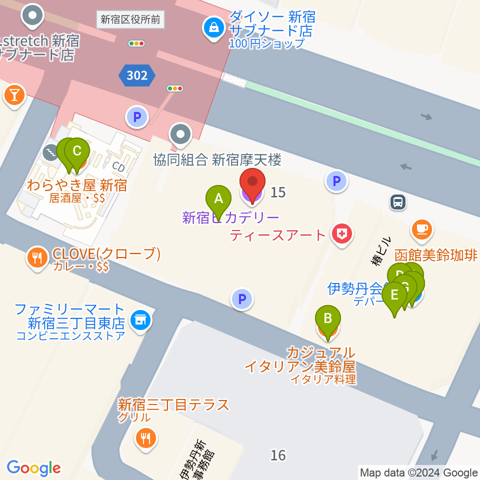 新宿ピカデリー周辺のファミレス・ファーストフード一覧地図