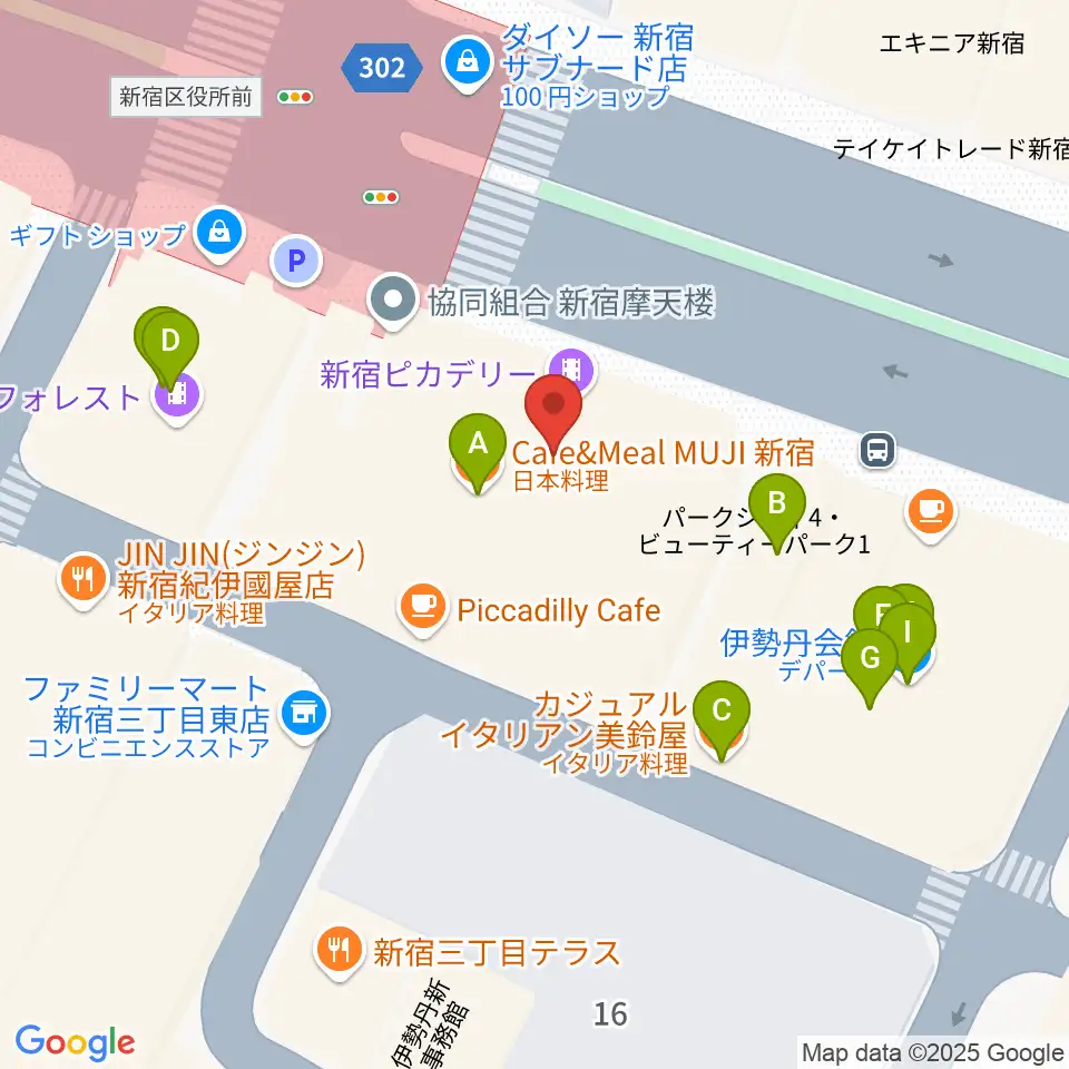 新宿ピカデリー周辺のファミレス・ファーストフード一覧地図