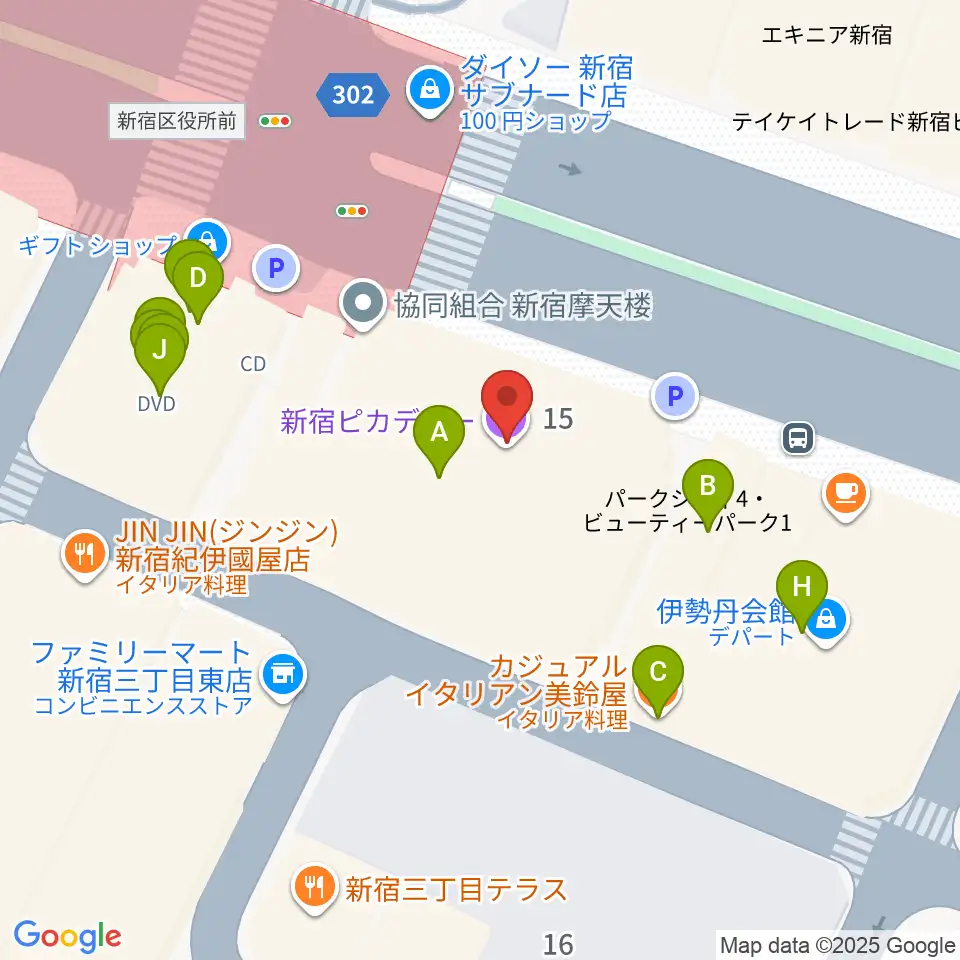 新宿ピカデリー周辺のファミレス・ファーストフード一覧地図