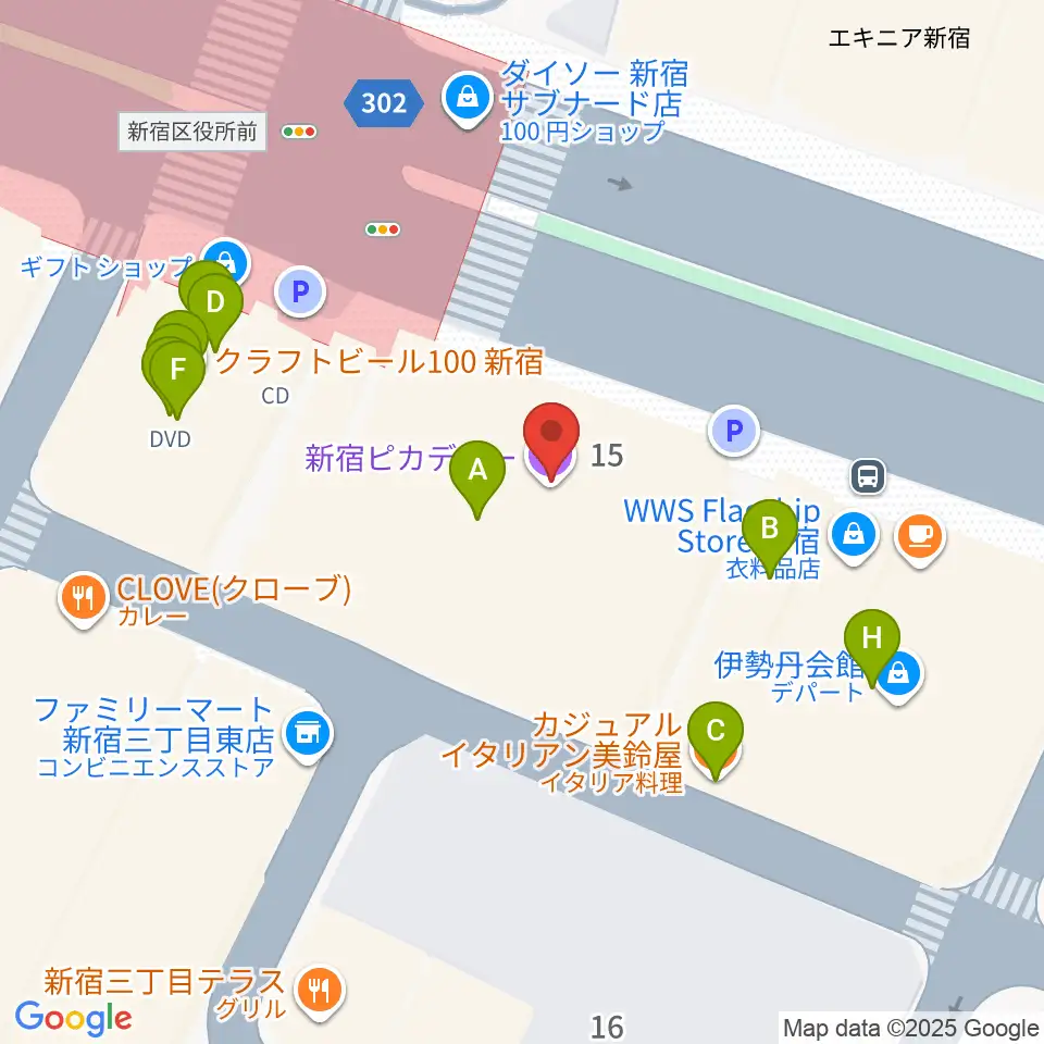 新宿ピカデリー周辺のファミレス・ファーストフード一覧地図