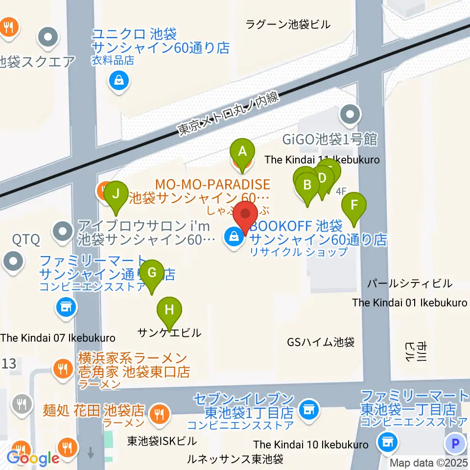 池袋HUMAXシネマズ周辺のファミレス・ファーストフード一覧地図