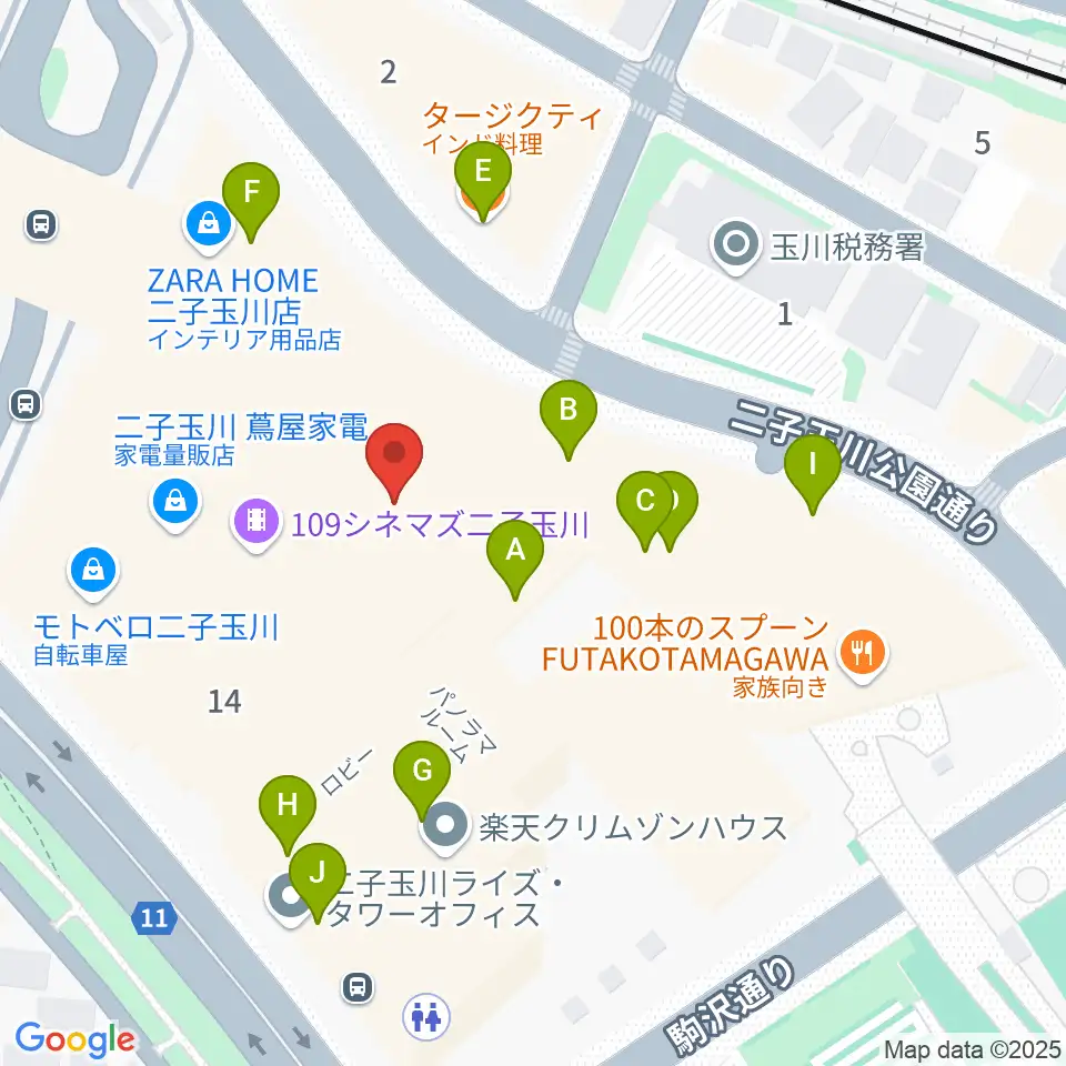 109シネマズ二子玉川周辺のファミレス・ファーストフード一覧地図