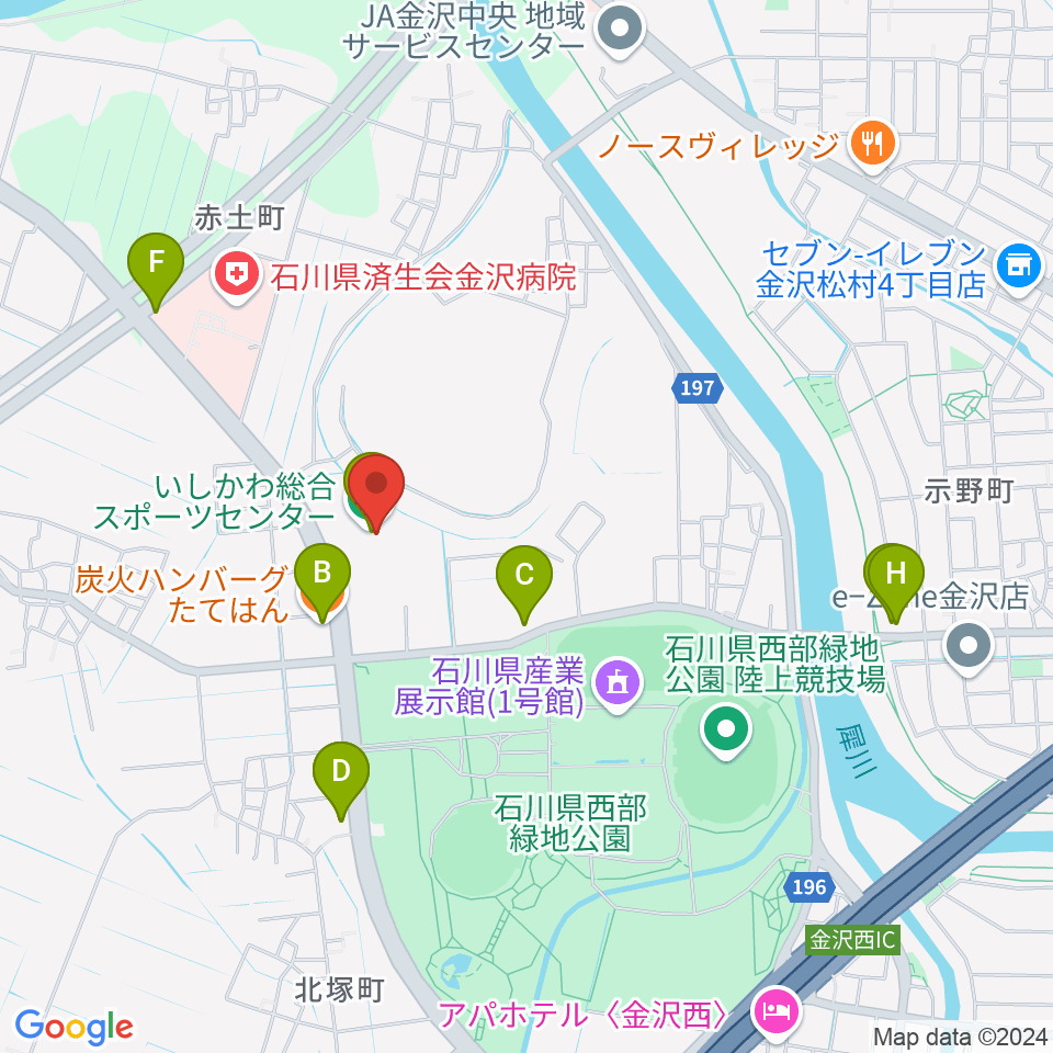 いしかわ総合スポーツセンター周辺のファミレス・ファーストフード一覧地図