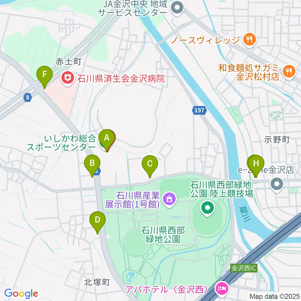 いしかわ総合スポーツセンター周辺のファミレス・ファーストフード一覧地図