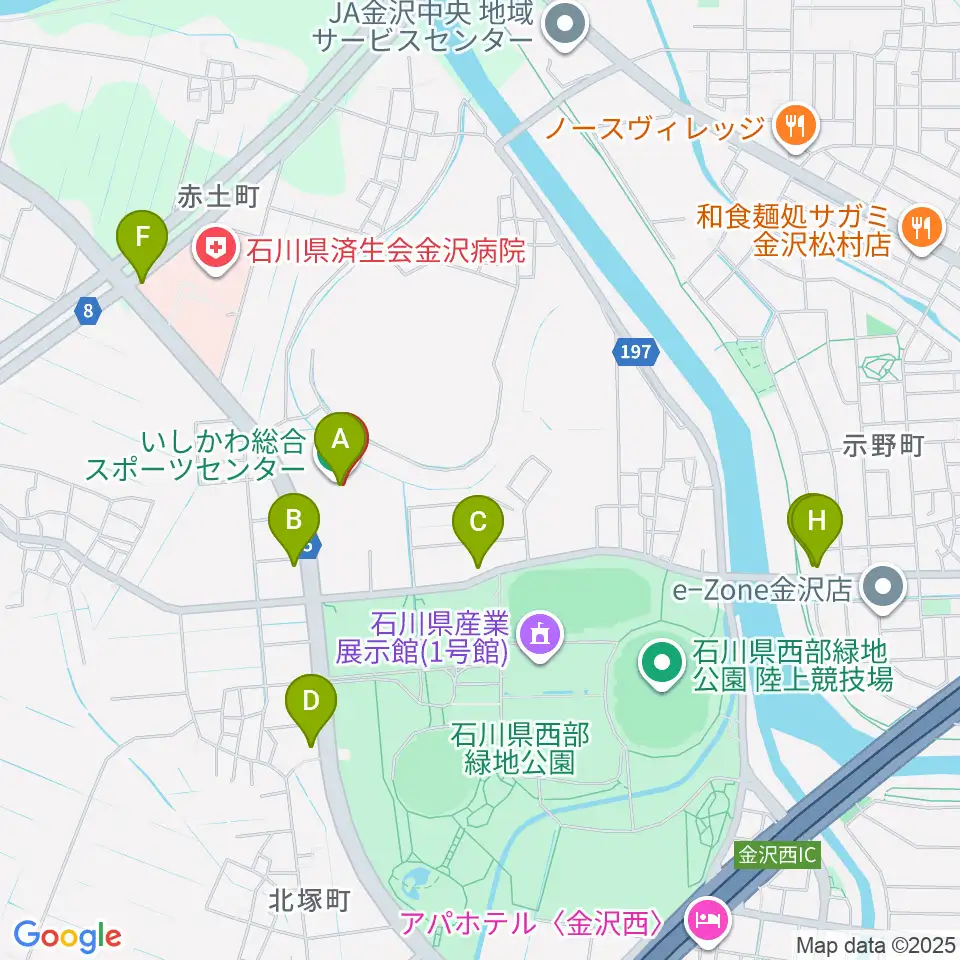いしかわ総合スポーツセンター周辺のファミレス・ファーストフード一覧地図