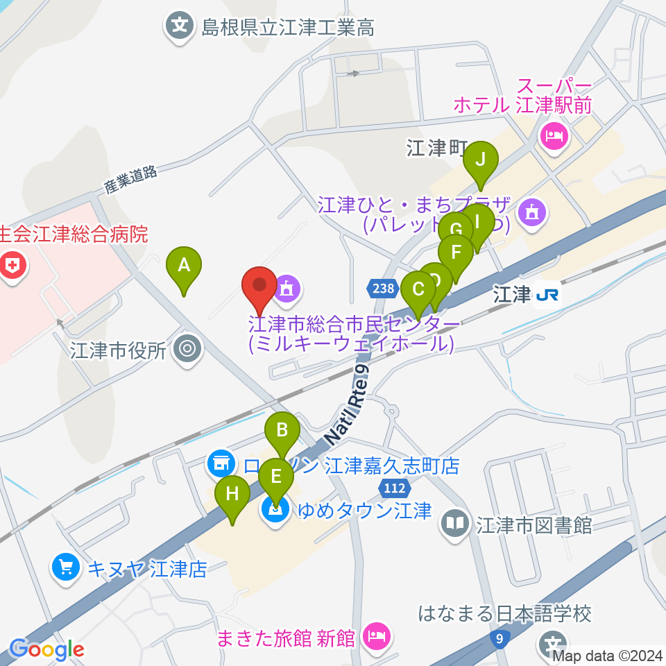 江津市総合市民センター周辺のファミレス・ファーストフード一覧地図