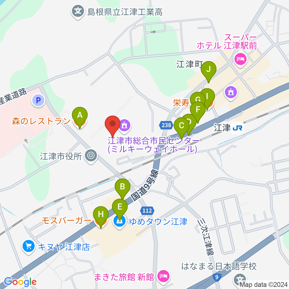 江津市総合市民センター周辺のファミレス・ファーストフード一覧地図