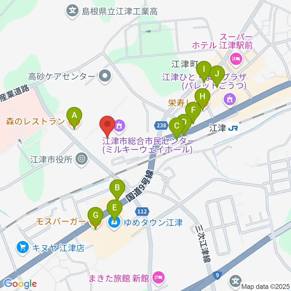 江津市総合市民センター周辺のファミレス・ファーストフード一覧地図