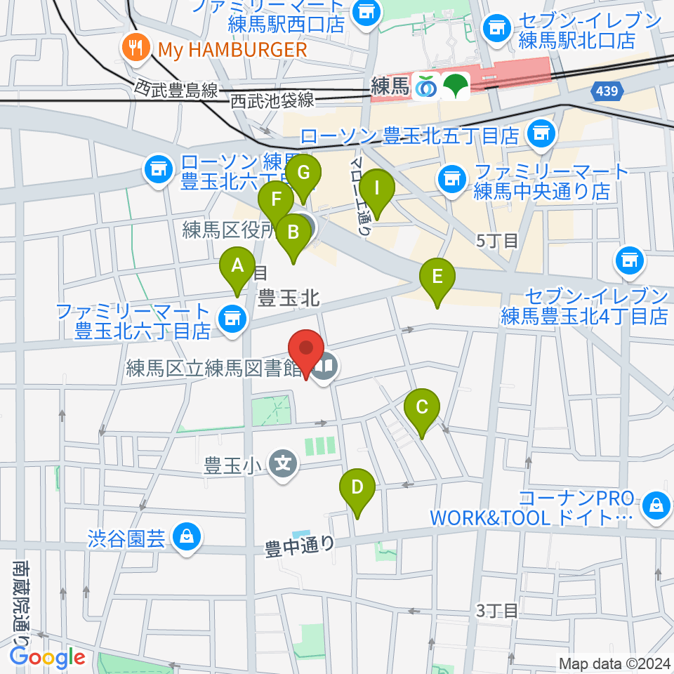 練馬区立生涯学習センター周辺のファミレス・ファーストフード一覧地図