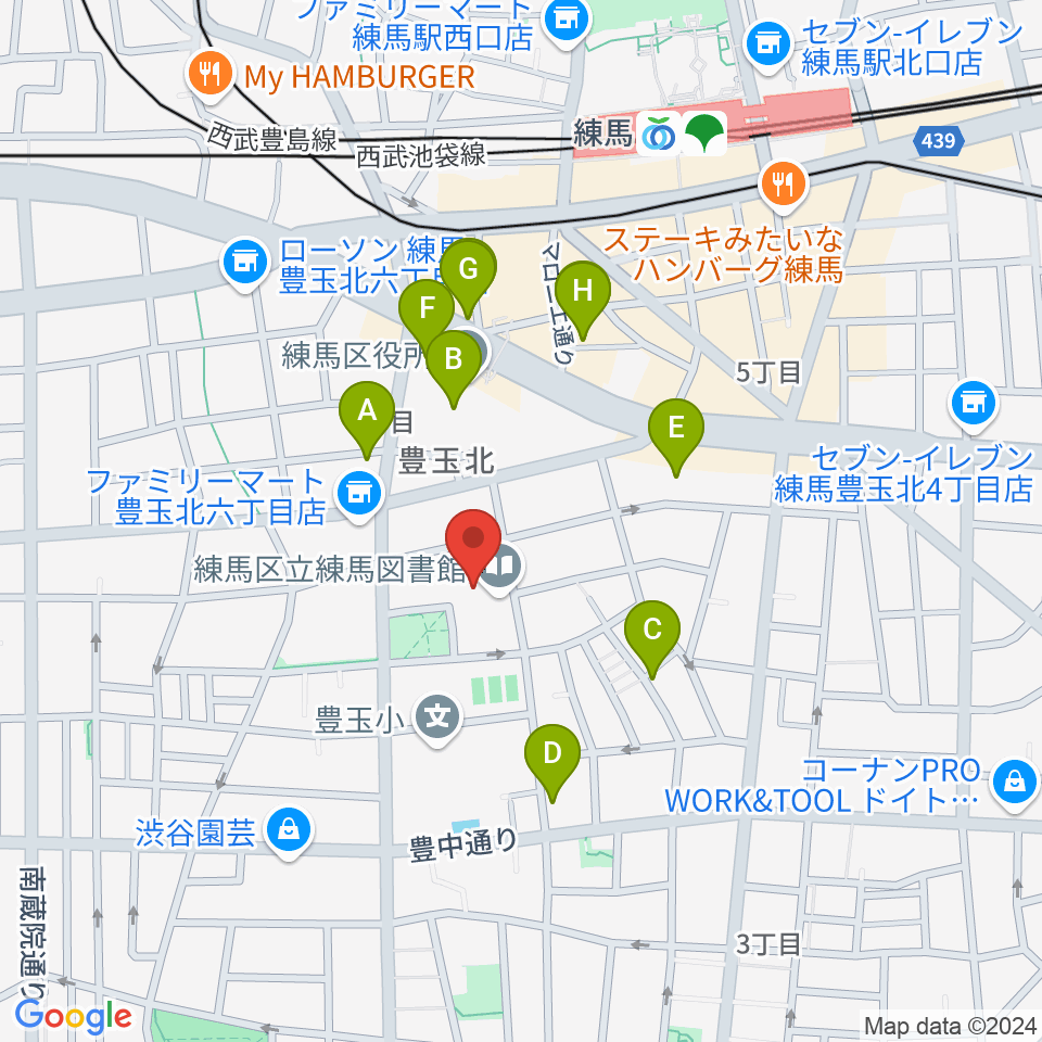 練馬区立生涯学習センター周辺のファミレス・ファーストフード一覧地図