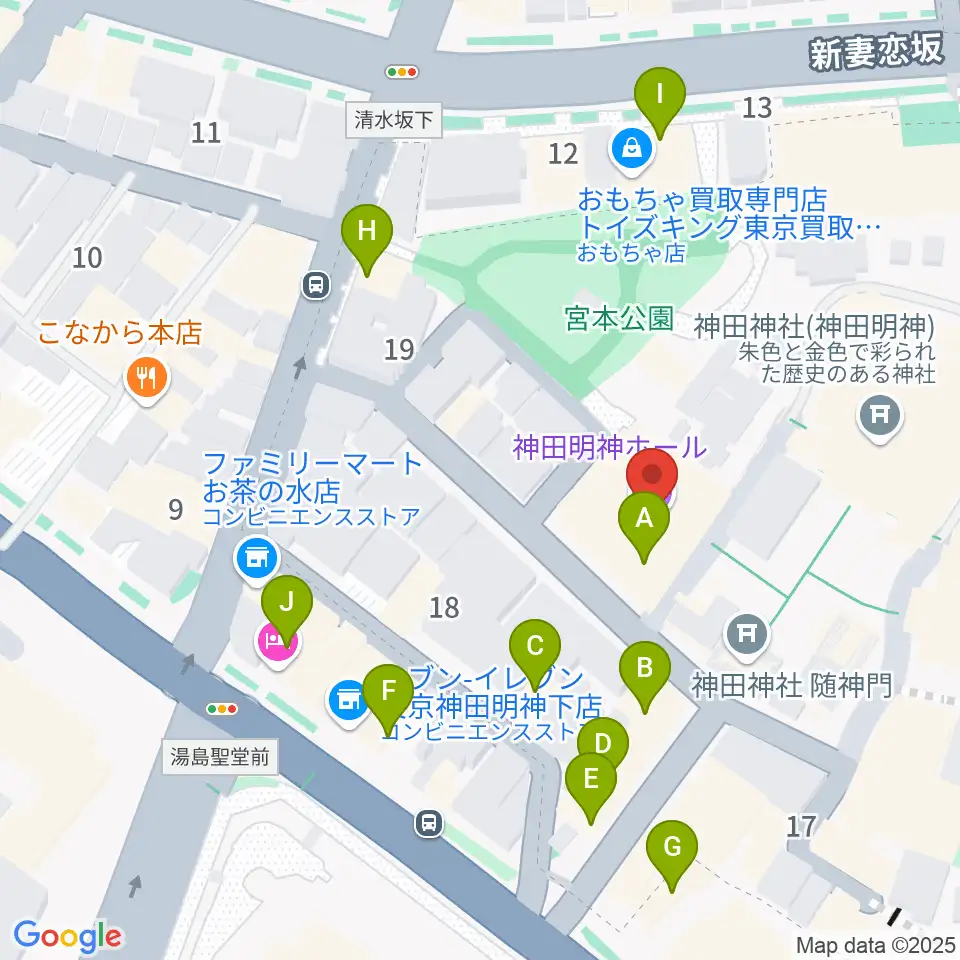 神田明神ホール周辺のファミレス・ファーストフード一覧地図
